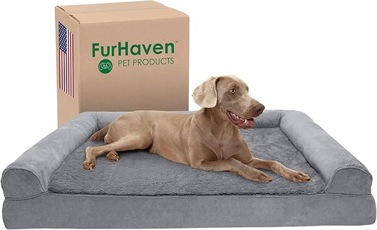 Furhaven Cooling Gel Dog Bed for Large Dogs w/ Removable Bolsters & Washable Cover, For Dogs Up to 125 lbs - Plush & Suede Sofa - Gray, Jumbo Plus/XXL-PawvioPets