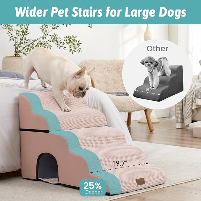 Extra Wide Dog Stairs with Tunnel, Detachable Large Pet Step for Small Medium Dog, Puppy or Cat, Ramp for High Bed, Couch, Sofa or Car, Stable, 19.7x33x22.4 inch, 5 Step, Pink-PawvioPets