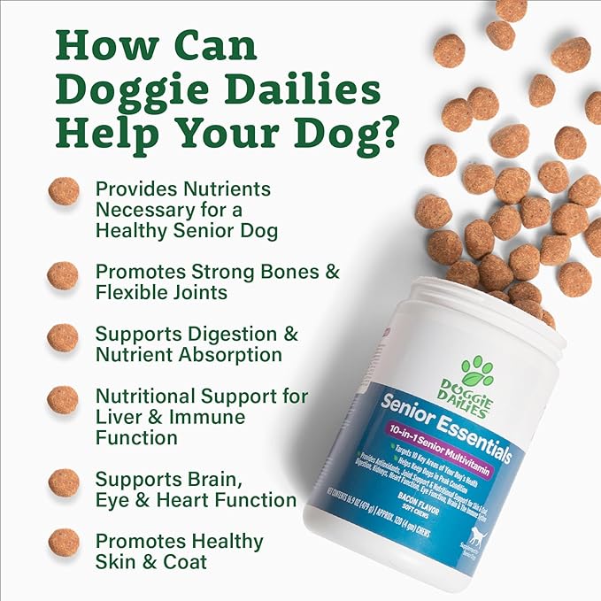 Doggie Dailies Senior Essentials Multivitamin for Dogs Soft Chews | Advanced Dog Multivitamin | Nutritional Support for Joints, Skin & Coat, Digestion, and the Immune System | Bacon Flavor | 120 Count-PawvioPets