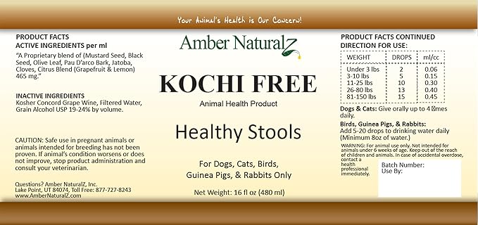 Amber NaturalZ Kochi Free Herbal Supplement for Dogs, Cats, Birds, Rabbits, and Guinea Pigs | Supports Healthy Bowel Function | Natural Aid for Digestive Balance | 16 Fluid Ounce Glass Bottle-PawvioPets