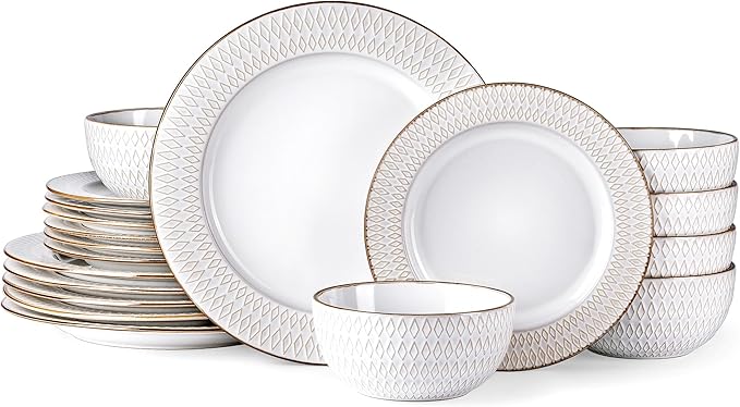 GBHOME Ceramic Dinnerware Sets,18 pcs Embossed Elegant Stoneware Plates and Bowls Sets, Housewarming Wedding Gift | Dishwasher & Microwave Safe | Dishes Set Service for 6-PawvioPets