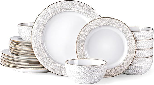 GBHOME Ceramic Dinnerware Sets,18 pcs Embossed Elegant Stoneware Plates and Bowls Sets, Housewarming Wedding Gift | Dishwasher & Microwave Safe | Dishes Set Service for 6-PawvioPets