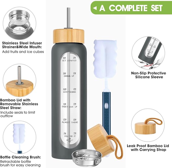 32 oz Glass Water Bottle with Straw - Motivational Time Marker & Silicone Sleeve - Reusable Tumbler Includes 2 Bamboo Lids & Fruit Infuser - 1 Pack-PawvioPets