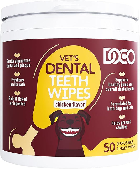 DOCO Dog Teeth Cleaning Wipes Dental Finger Wipes for Cats & Dogs Remove Plaque & Tartar, Freshen Breath, No Rinse, Easy & Effective Pet Tooth Cleaning Kit for Oral Care, Chicken Flavor, 50 Count-PawvioPets