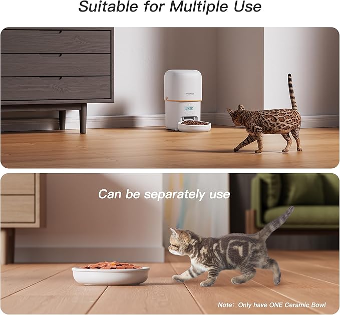 Automatic Cat Feeder - 2L Cat Food Dispenser, Timed Auto Pet Feeder with 180-day Battery Life, 1-6 Meals Per Day, 1-16 Portion, Ceramic Bowl, Desiccant Bag Keeps Dry Food Fresh, Also for Small Dogs-PawvioPets