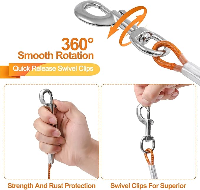 Dog Tie Out Cable,50ft Dog Lead-Heavy Duty Tie Out Cable for for Large Dogs Up to 125lbs-Dog Chain for Yard-Outside Dogs Runner Tether Line-PawvioPets