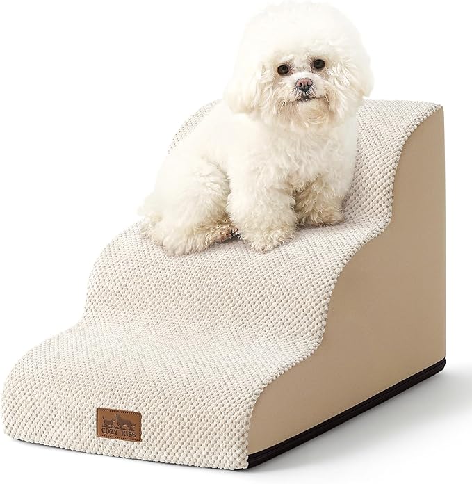 Dog Stairs for Small Dogs 15.7" H, Curved Dog Step for Puppy, Older Cat, Medium Pet Ramp for Sofa, Couch or Chair, Ladder with High Density Foam, 15.7x22.4x15.7 inch, 3 Step, Beige-PawvioPets