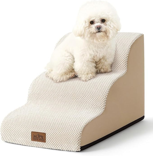 Dog Stairs for Small Dogs 15.7" H, Curved Dog Step for Puppy, Older Cat, Medium Pet Ramp for Sofa, Couch or Chair, Ladder with High Density Foam, 15.7x22.4x15.7 inch, 3 Step, Beige-PawvioPets