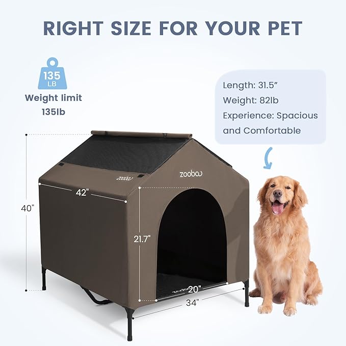 42" 2-in-1 Dog House for Medium Dogs, Elevted Dog House Outdoor/Indoor, Puppy Shelter Outside,Water Resistant 600D PVC and Durable 2x1 Textilene Raised Dog Bed(Brown)-PawvioPets