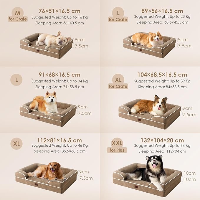 EHEYCIGA Orthopedic Dog Beds for Large Dogs, Waterproof Memory Foam Large Pet Bed with Sides, Non-Slip Bottom and Egg-Crate Foam Dog Couch Bed with Washable Removable Cover, Beige-PawvioPets