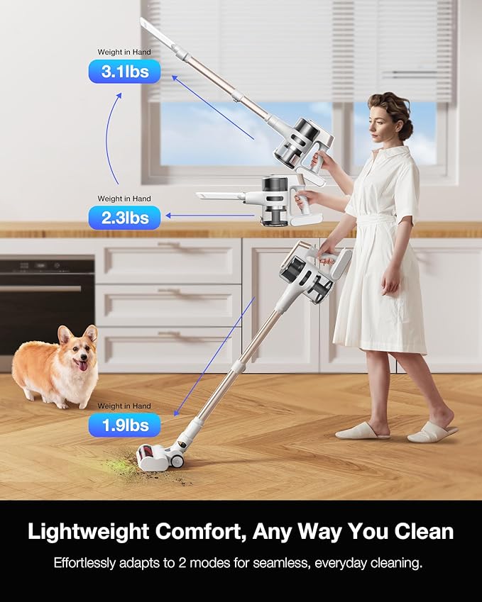 Cordless Stick Vacuum Cleaner for Home, Lightweight Rechargeable Vacuum with 55min Runtime, Powerful Suction, Green LED Headlight, 9-in-1 Pet Hair Carpet & Hardwood Floor Cleaner-PawvioPets