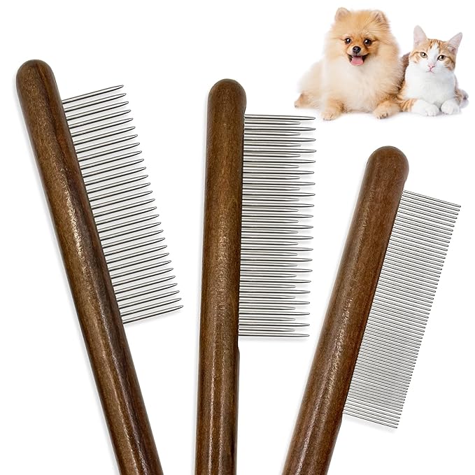 3 Pack Solid Wood Cat Combs, Stainless Steel Teeth for Cat Dog Rabbit Massage, Flea Lice Comb Removes Mats, Tangles and Loose Fur, Grooming Comb for Small Medium Pets-PawvioPets