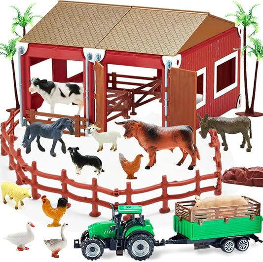 BOLZRA Mini Barn Playset, 66PCS Plastic Animals Figurines and Fence, Farm Figures Farmer Vehicle Toy Truck with Trailer for 3-12 Years Old Kids Boys Girls Toddlers-PawvioPets