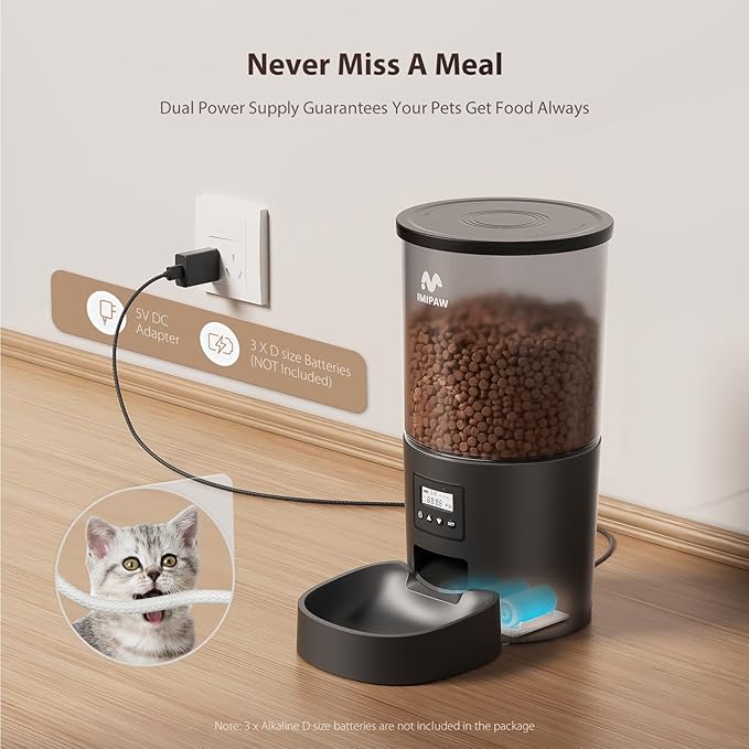 Automatic Cat Feeders, 5L Large Capacity, Timed Feeding Dry Food, Dual Power Design, Programmable Portion Size, 1-6 Meals Per Day, with Desiccant, Suitable for Small Pets Food Dispenser, Black-PawvioPets