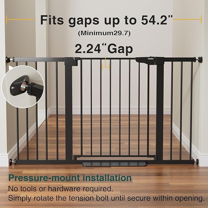 Cumbor 2 Pack 29.7-54.2" Baby Gate for Stairs, Mom's Choice Awards Winner-Auto Close Dog Gate for doorways, Easy Install Pressure Mounted Pet Gate Indoor, Walk Thru Wide Safety Gate for Dog, Black-PawvioPets