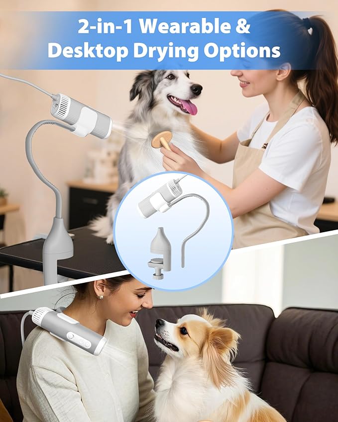 2-in-1 Hands-Free Dog Hair Dryer with Table Clamp – Low Noise Pet Grooming Dryer for Dogs & Cats, Adjustable Heat & Speed, Wearable or Desktop Use(Gray)-PawvioPets