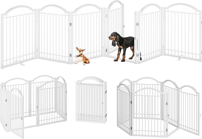 BHG Metal No-Assembly Freestanding Dog Gate with Door Walk Through, Extra Wide 144", Extra Tall 32" Pet Gate, Accordion Puppy Folding Playpen Dog Fence, with 2PCS Support (White, 6 panesl)-PawvioPets