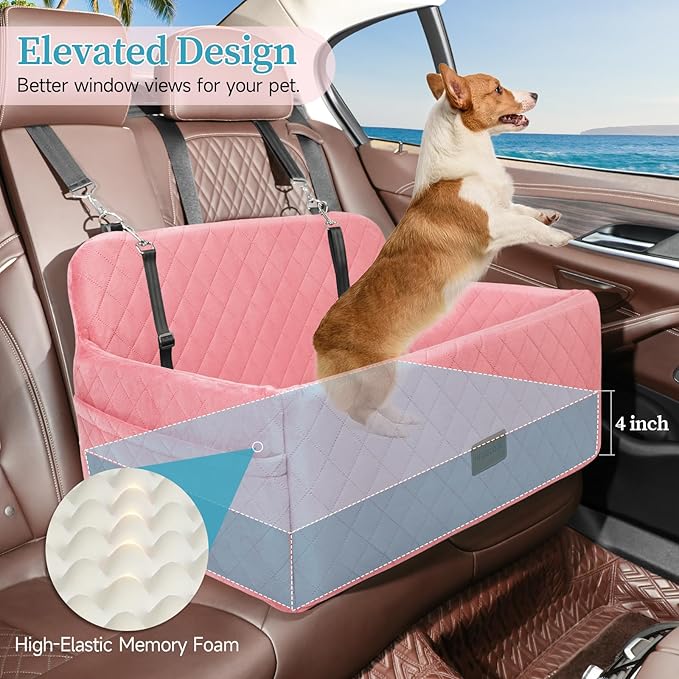 Dog Car Seat for Medium/Large Dogs, Pet Booster Seat for Under 55 lbs or 2 Small Dogs, Detachable & Washable Dog Car Bed for Backseat with 2 Safety Leashes (Pink)-PawvioPets