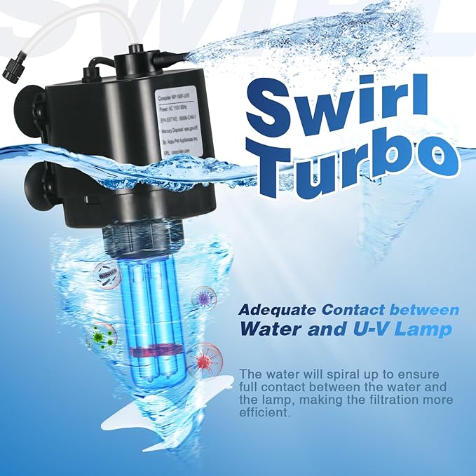 Aquarium U-V Filter for 10-40 gal, 132 GPH Swirl Turbo Design Submersible Internal Turtle Fish Tank Filter w/Timer, Quiet Power Pump Air Supply Green Clean Machine Saltwater Freshwater Green Killing-PawvioPets