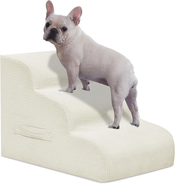 Dog Steps for Small Dogs, 3-Step Pet Ramp Stairs for High Beds and Sofa, Non-Slip Pet Stairs for Small Dogs and Cats, Removable and Easy to Clean Cover, Beige-PawvioPets