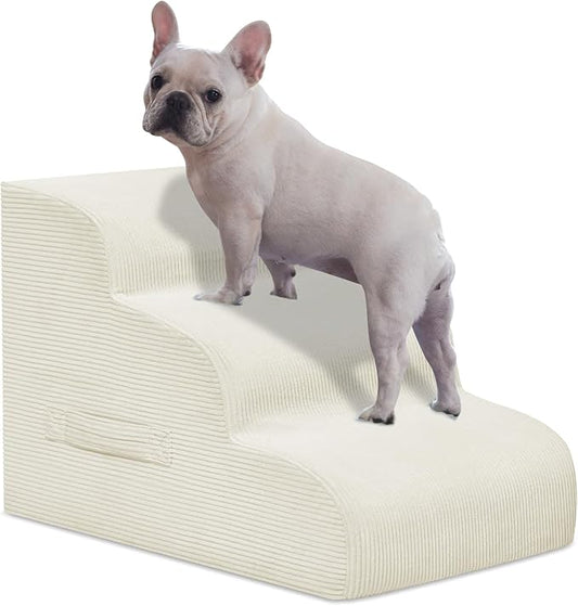 Dog Steps for Small Dogs, 3-Step Pet Ramp Stairs for High Beds and Sofa, Non-Slip Pet Stairs for Small Dogs and Cats, Removable and Easy to Clean Cover, Beige-PawvioPets
