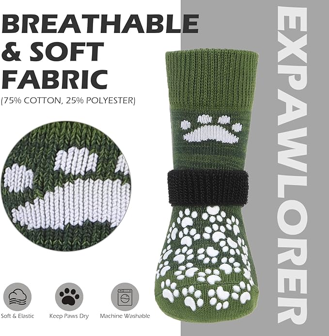 EXPAWLORER Anti Slip Dog Socks to Prevent Licking Paws, Shoes for Hot Pavement, Dog Booties for Small Medium Large Senior Dogs, Traction Control Boots & Paw Protectors for Hardwood Floors ArmyGreen-PawvioPets