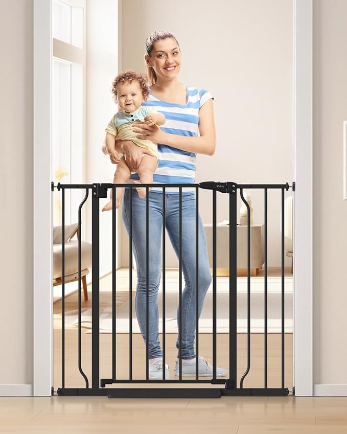 34" Extra Tall Baby Gate for Stairs, Auto Close Stroller Friendly Dog Gate Indoor for Doorways, Pressure Mounted 29"-40" W Baby Gate, Easy Walk Through Gate for Children & Pets, Black-PawvioPets