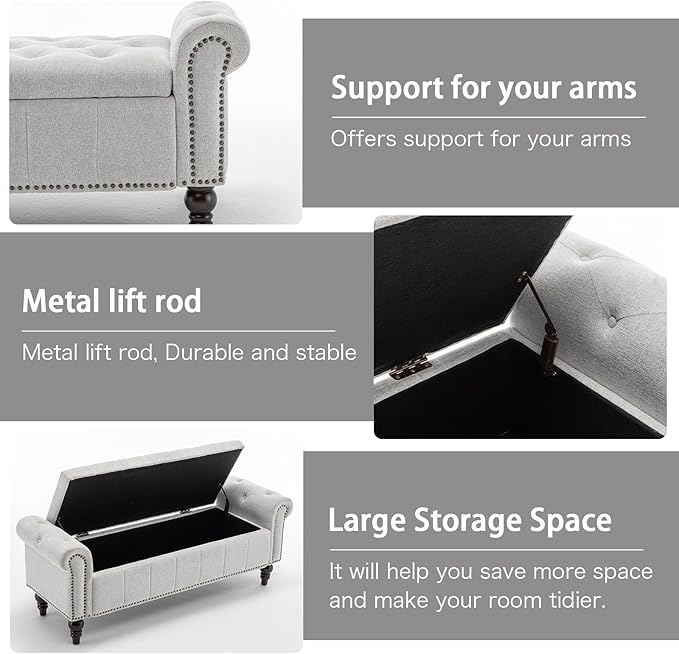 58’’ Storage Bench for Bedroom, Upholstered Button-Tufted Ottoman with Solid Wood Legs, Queen Size End of Bed Shoe Cabinet, Window Seat Foot Rest Stool for Entryway, Living Room (Silver)-PawvioPets
