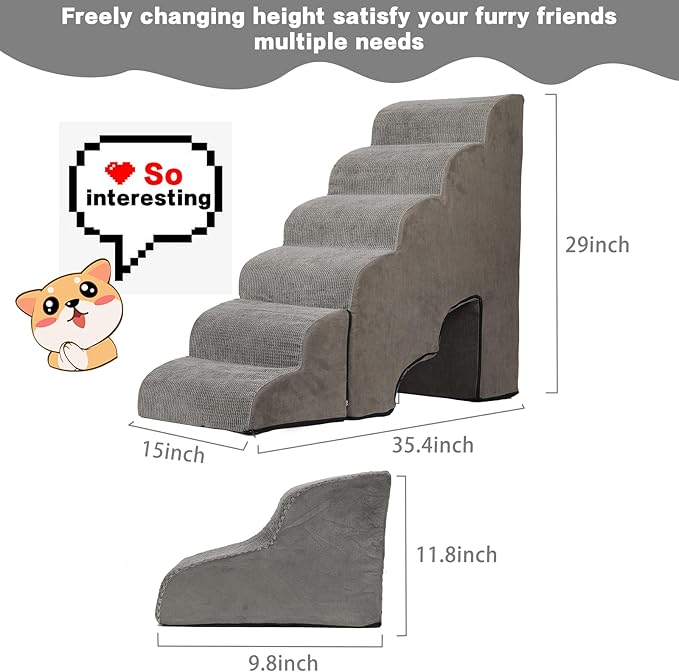 Dog Stairs for High Beds 25-30 inches Tall, 6-Step Dog Steps for High Bed for Doggies/Kitties, 30D Foam Pet Stairs Steps for Small Dogs, Dog Ramp/Ladder for Old Dogs/Cats, Grey-PawvioPets