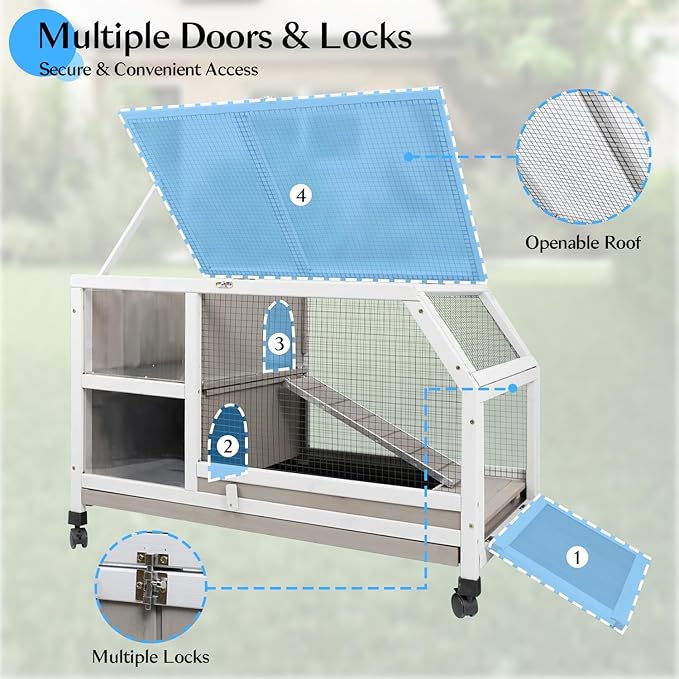 36''L Rabbit Hutch Outdoor with Casters and Run, Wooden Indoor 2 Story Guinea Pig Cage with Divider Panel, Pull Out Tray, Rabbit Duck Bunny House for Small to Medium Animals and Pet Lover, Gray-PawvioPets