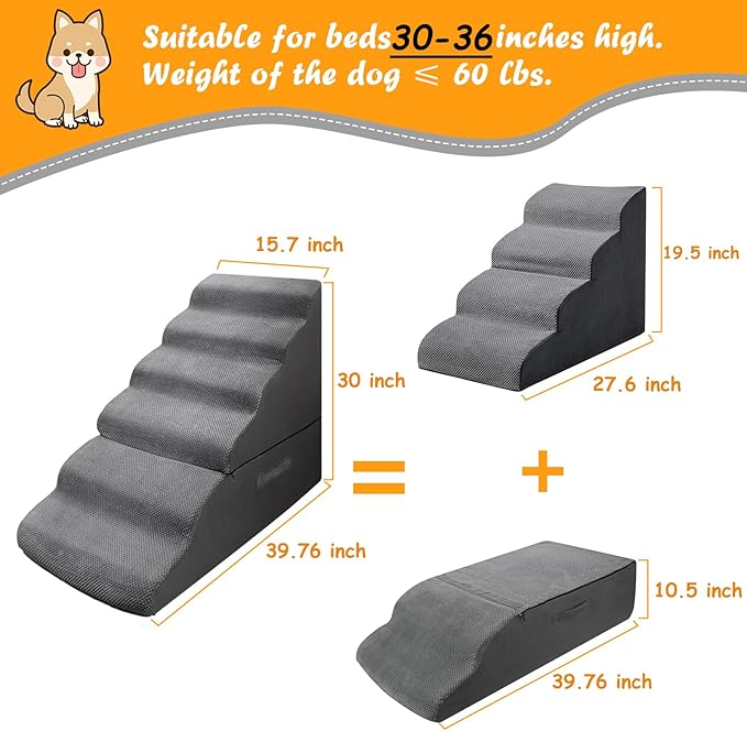Dog Stairs&Steps for 30 Inches Tall High Bed Up to 30-36 Inch, Pet Dog Ramp Ladder for Small Dogs, Doggie, Old Cats, Kitty, Small Animals Grey-PawvioPets