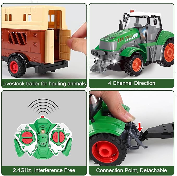 fisca Remote Control Tactor Toy Set & 33PSC Farm Vehicle Playset - Animal Figurines ,2.4GHz 1/24 Scale RC Tractor,Livestock Trailer, Fence with Light for Kids Age 4, 5, 6, 7 and Up Years Old-PawvioPets