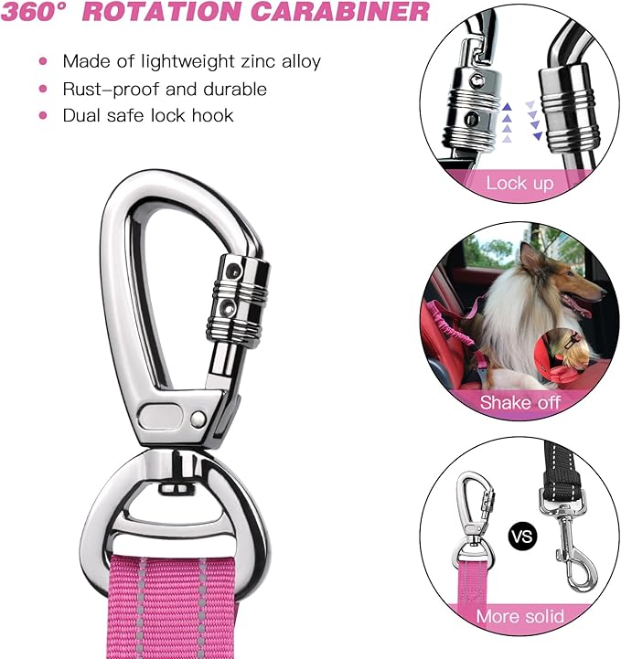 AUBELL Dog Seat Belt for Car,2 Pack Set 3-in-1 Adjustable Reflective Bungee Heavy Duty Dog Car Harness Tether with Clip Hook Latch & Buckle,Swivel Zinc Alloy Carabiner,Black+Hotpink-PawvioPets