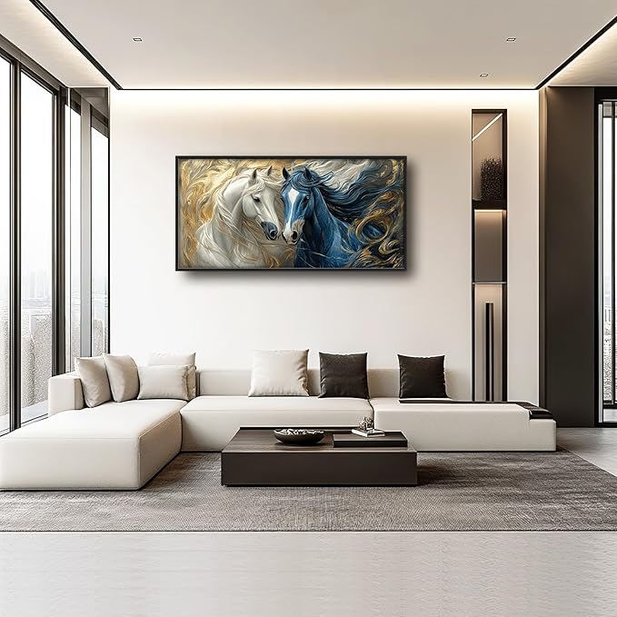 Framed Large Horse Wall Art for Living Room, Oversized Abstract Horses Wall Decor Blue and Golden Canvas Painting Animal Pictures Modern Artwork for Living Room Bedroom Office 60"x30"-PawvioPets