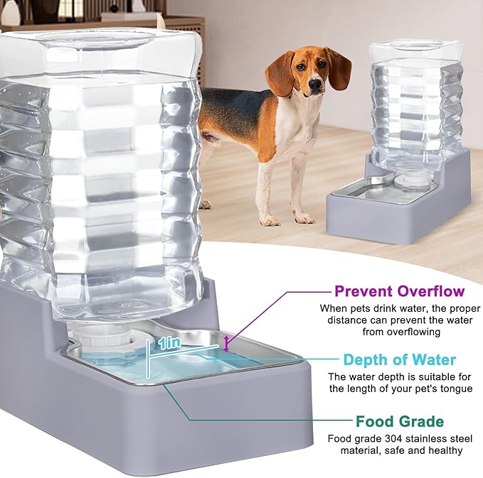 Automatic Water Dispenser Large: Upgraded 100% BPA-Free 8L Light Gray Stainless Steel Bowl Gravity Waterer for Medium/Large Pets-PawvioPets