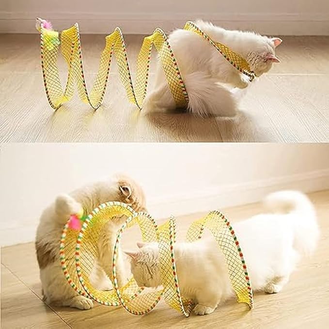 Folded Cat Tunnel Toy for Indoor Cats, 2 PCS Collapsible Pet Spring Cat Toys with Feather Mouse Upgrade Interactive Toy Playing Tent for Puppy Kitten Accessories Home-PawvioPets