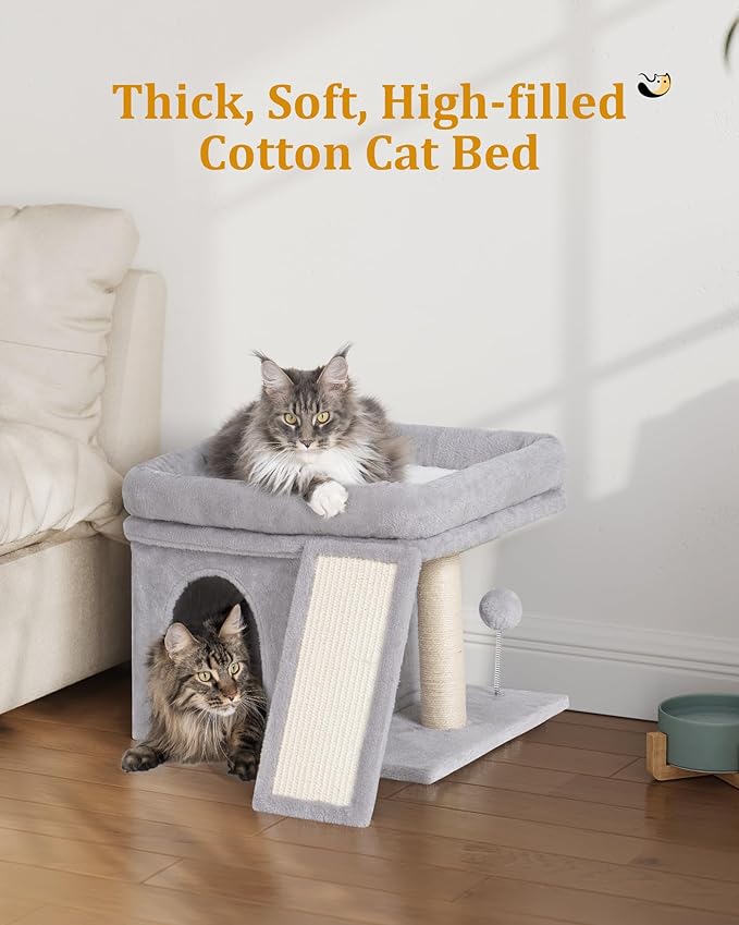 14in Cat Tree Tower with 20 * 16.5in Perch Bed and Washable Top for Large Adult Cats, Condo and Scratching Post for Indoor Kitten Pet, Light Gray-PawvioPets
