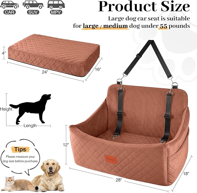 Dog Car Seat for Medium & Large Dogs Up to 55lbs, Memory Foam Cushion, Washable Cover, Safety Straps & Non-Slip Base (Brown, Large)-PawvioPets