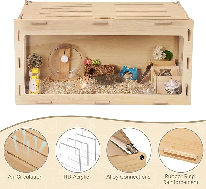 COZIWOW Wooden Hamster Cage Chewproof, Bigger World - 32" Large Hamster Cages and Habitats, Openable Top & 3 Side Acrylic Sheets, Small Animal Cage Pet House for Syrian Dwarf Guinea Pig Chinchilla-PawvioPets