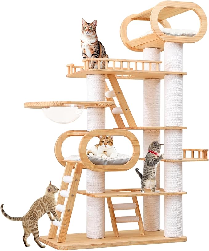 77‘’ Modern Cat Tree, Tall Wood Cat Tower for Indoor Cats Large Adult, Heavy Duty Cat Tree with Scratching Post, Luxury Kitty Condo, Sturdy Cat Furniture with 1 Transparent Bed and 3 Climb Labber-PawvioPets