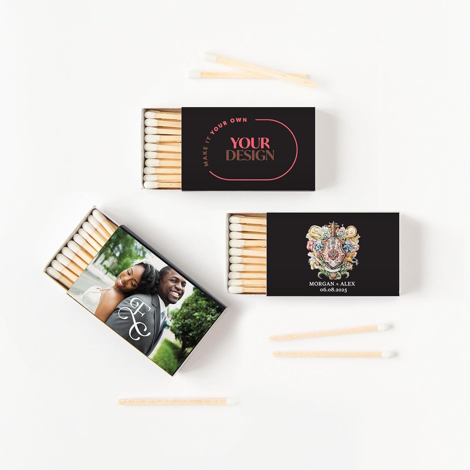 Weddingstar Matchboxes with Custom Printed Stickers for Wedding or Event - Upload Your Own Design - Pack of 50 Black