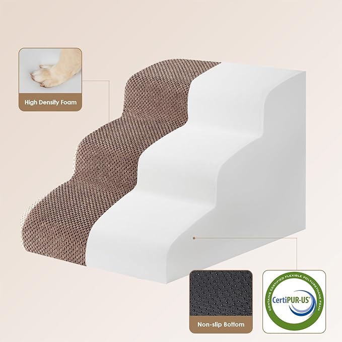 EHEYCIGA Curved Dog Stairs Ramp for Small Dogs 15.7" H, 3-Step Dog Steps for Couch Sofa and Chair, Pet Stairs for Cats, Non-Slip Balanced Pet Steps Indoor, Brown-PawvioPets
