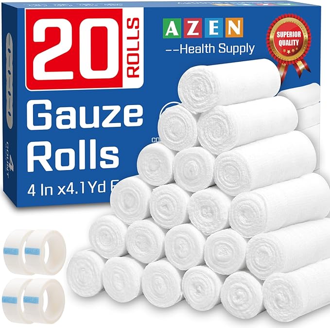 AZEN 20 Pack Gauze Rolls Bandages, 4 in x 4.1 Yards, Premium Medical Supplies & First Aid Supplies, Bandage Wrap Vet Wrap, Mummy Wraps-PawvioPets