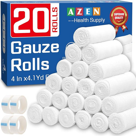 AZEN 20 Pack Gauze Rolls Bandages, 4 in x 4.1 Yards, Premium Medical Supplies & First Aid Supplies, Bandage Wrap Vet Wrap, Mummy Wraps-PawvioPets