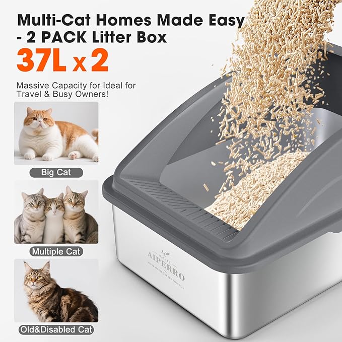 2 Pack Stainless Steel Litter Box | XL Enclosed Cat Litter Boxes with Lid for Big Cats and Multi-Cats | High Sided, Anti-Urine Leakage | Non-Stick Bottom（Multi-Colored）-PawvioPets