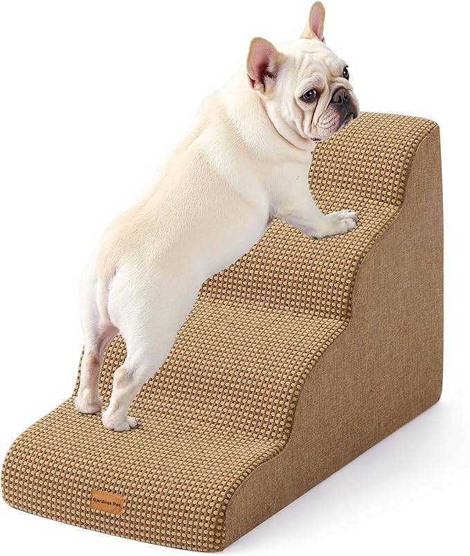 Gardner Pet Dog Stairs for Small Dogs 19.7" H, 4-Step Brown Curved Pet Stairs, Dog Steps for High Bed (18-24 in), Couch with Durable Non-Slip Waterproof Fabric Cover and CertiPUR-US Certified Foam-PawvioPets