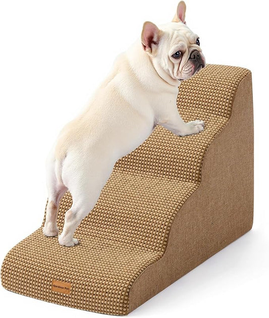 Gardner Pet Dog Stairs for Small Dogs 19.7" H, 4-Step Brown Curved Pet Stairs, Dog Steps for High Bed (18-24 in), Couch with Durable Non-Slip Waterproof Fabric Cover and CertiPUR-US Certified Foam-PawvioPets