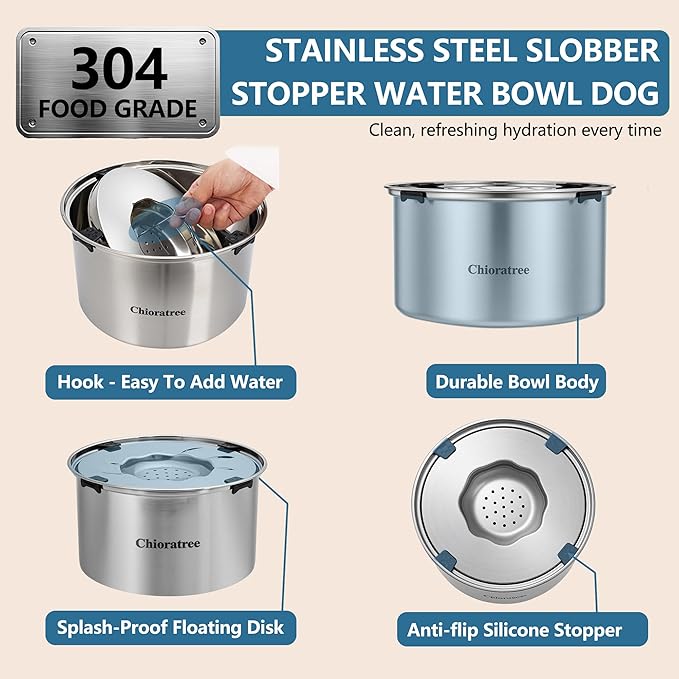 Dog Water Bowl No Spill,5.6L/1.5Gal Large Spill Proof Water Bowl for Dogs,Stainless Steel Slobber Stopper Slow Drinking Dog Bowl Anti Splash Pet Water Dispenser for Messy Drinkers-PawvioPets
