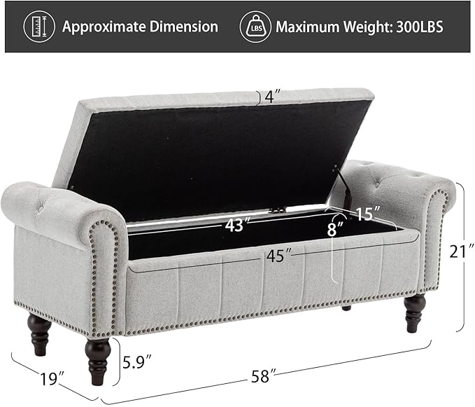 58’’ Storage Bench for Bedroom, Upholstered Button-Tufted Ottoman with Solid Wood Legs, Queen Size End of Bed Shoe Cabinet, Window Seat Foot Rest Stool for Entryway, Living Room (Silver)-PawvioPets