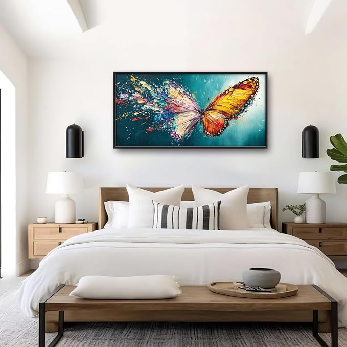 Extra Large Framed Abstract Butterfly Wall Art,Colorful Graffiti Wall Decor,Splashing Wings Pictures for Living Room,Canvas Print Painting Modern Artwork Bedroom Office Bathroom Home Decor 60L x30W-PawvioPets